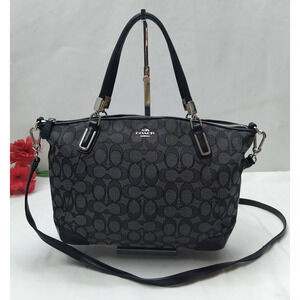Coach Kelsey Signature Black Canvas Double Handles Zipper Satchel Bag